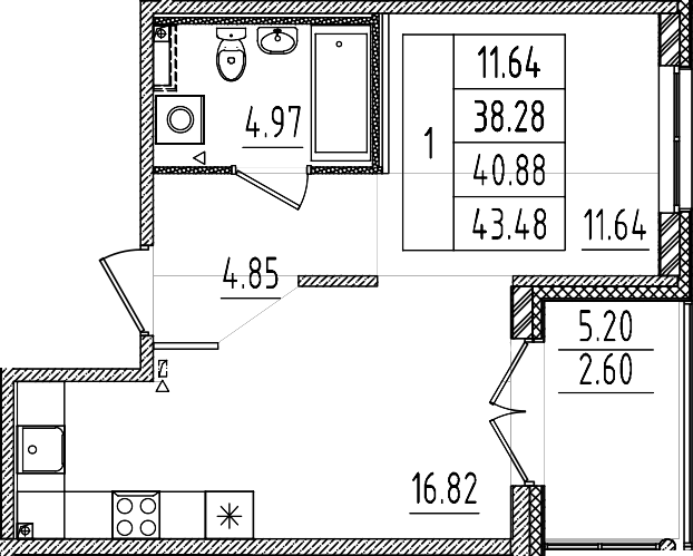 Планировка — Образцовый квартал, 2-комн., 38 м²
