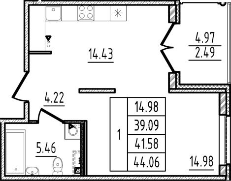 Планировка — Образцовый квартал, 1-комн., 39 м²