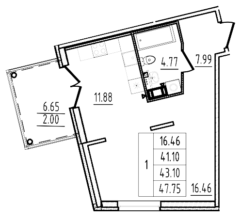 Планировка — Образцовый квартал, 1-комн., 41 м²