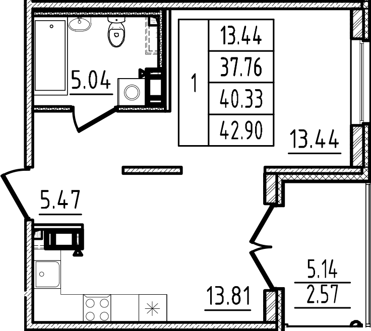 Планировка — Образцовый квартал, 1-комн., 38 м²