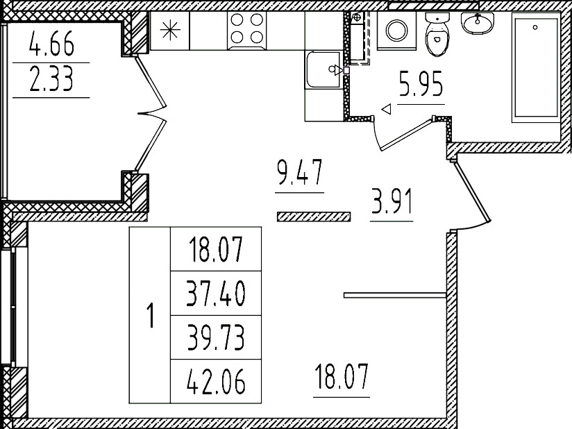 Планировка — Образцовый квартал, 1-комн., 37 м²