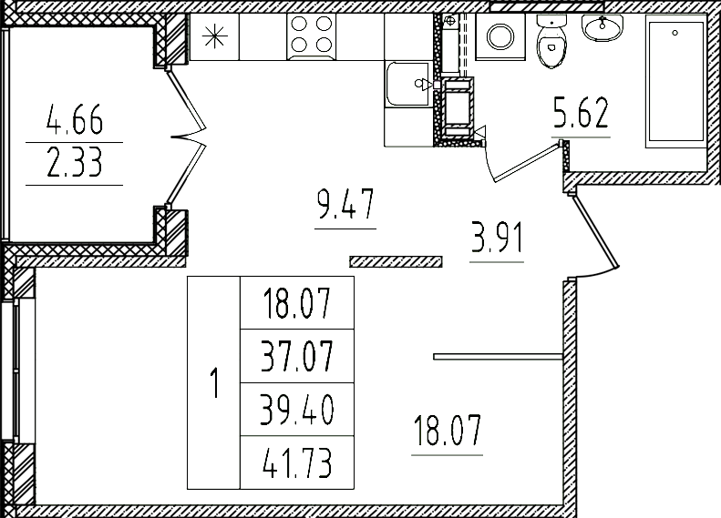 Планировка — Образцовый квартал, 1-комн., 37 м²