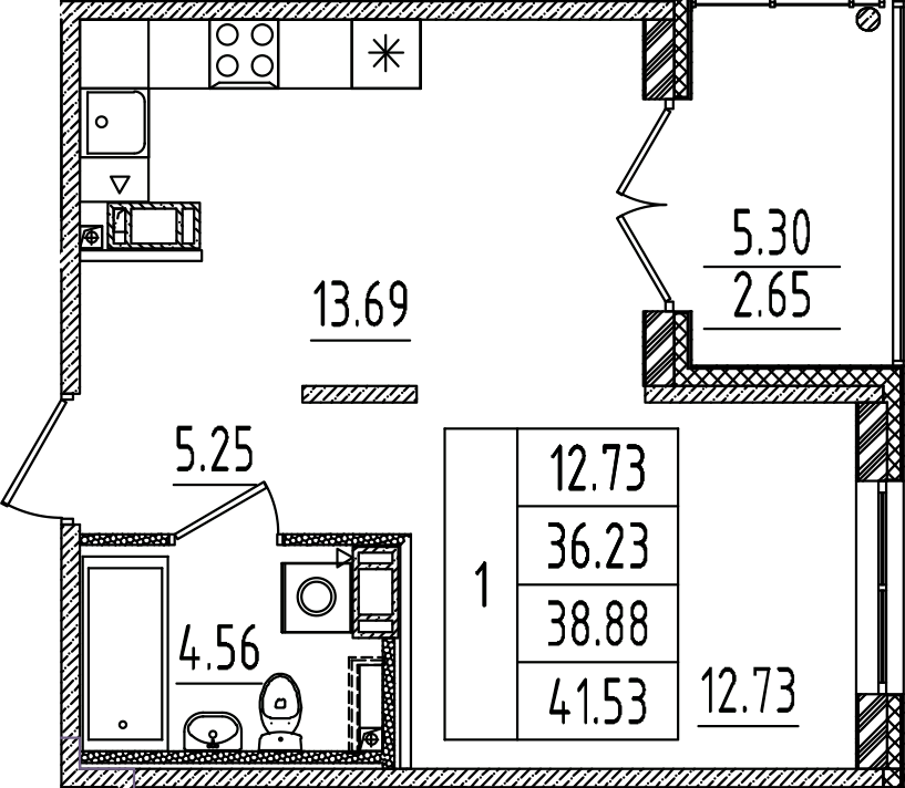Планировка — Образцовый квартал, 1-комн., 36 м²
