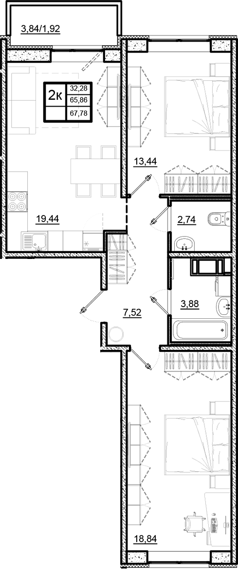 Планировка — Северный Меридиан, 3-комн., 66 м²