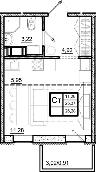 Планировка — Северный Меридиан, Студия, 25 м²