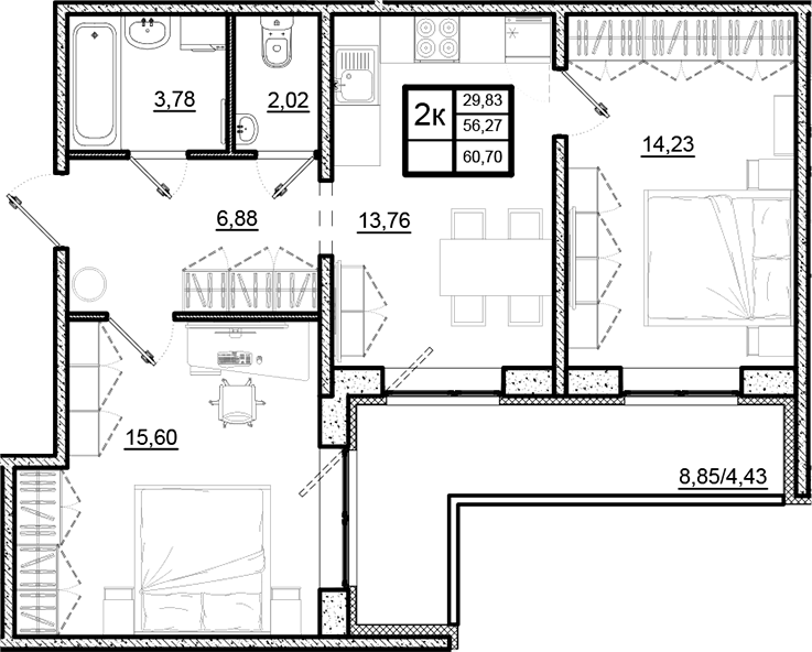 Планировка — Северный Меридиан, 2-комн., 56 м²