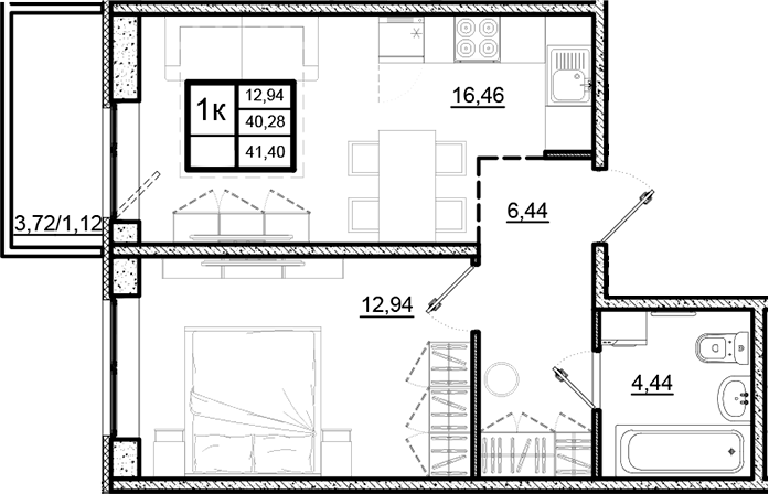 Планировка — Северный Меридиан, 1-комн., 40 м²