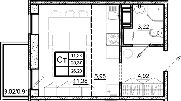 Планировка — Северный Меридиан, Студия, 25 м²