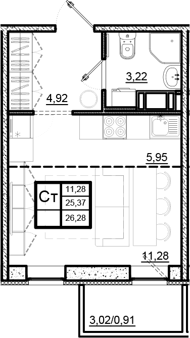 Планировка — Северный Меридиан, Студия, 25 м²