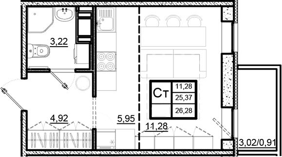 Планировка — Северный Меридиан, Студия, 25 м²