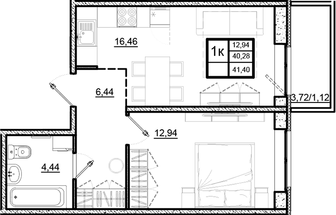 Планировка — Северный Меридиан, 1-комн., 40 м²
