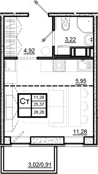 Планировка — Северный Меридиан, Студия, 25 м²