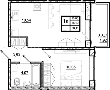 Планировка — Северный Меридиан, 2-комн., 36 м²