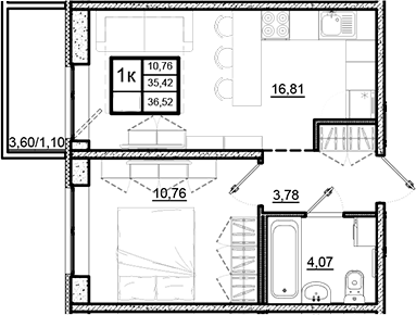 Планировка — Северный Меридиан, 1-комн., 35 м²