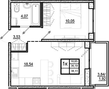Планировка — Северный Меридиан, 2-комн., 36 м²