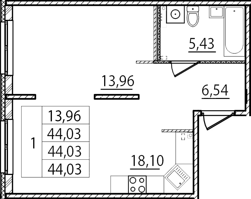 Планировка — Образцовый квартал, 1-комн., 44 м²
