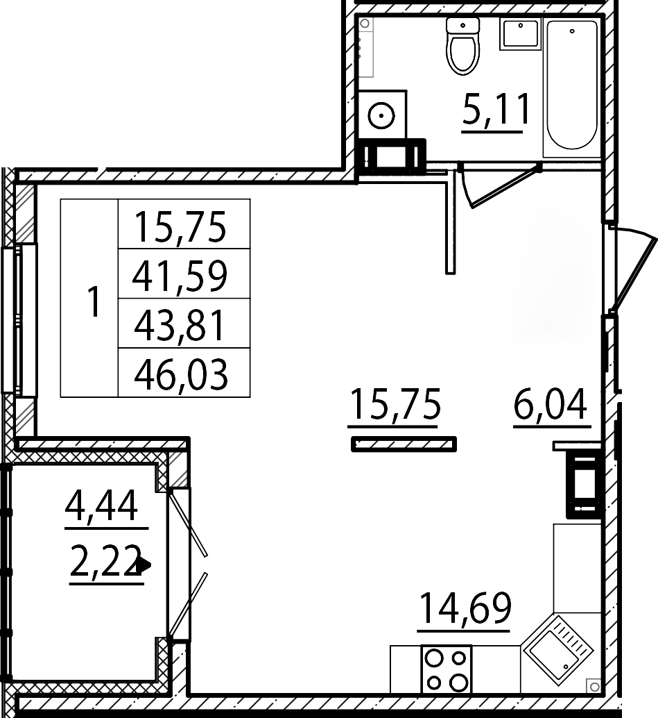 Планировка — Образцовый квартал, 1-комн., 42 м²