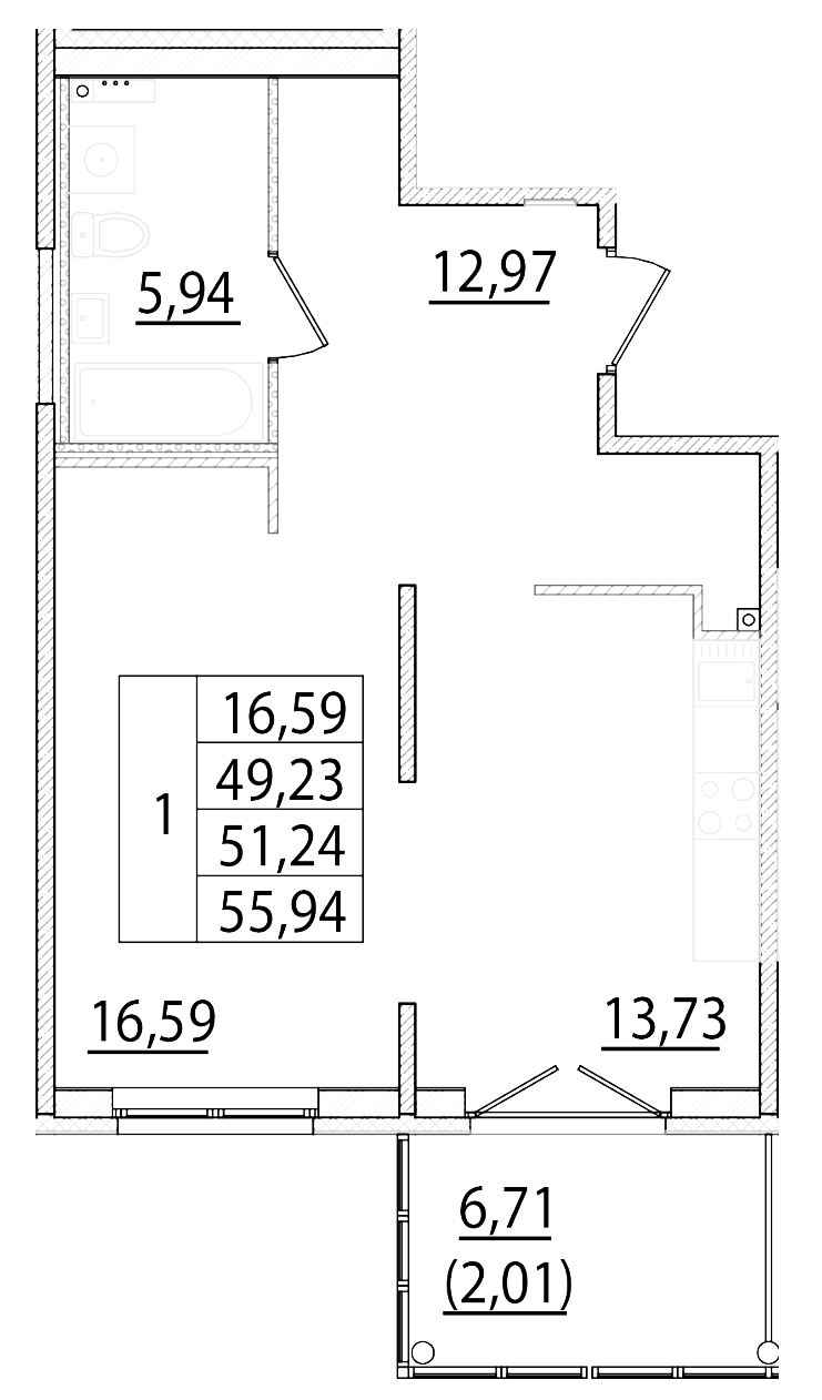Планировка — Образцовый квартал, 1-комн., 49 м²