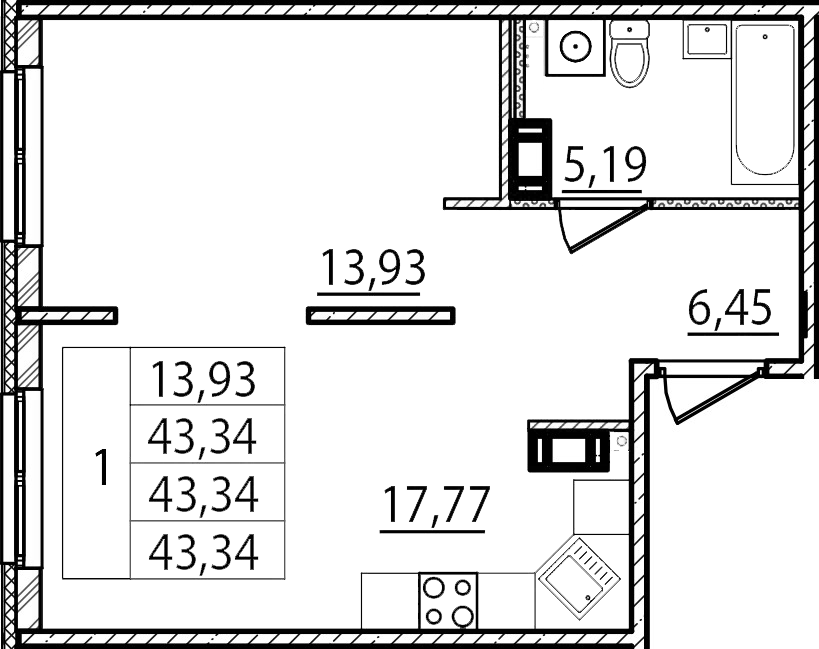 Планировка — Образцовый квартал, 1-комн., 43 м²