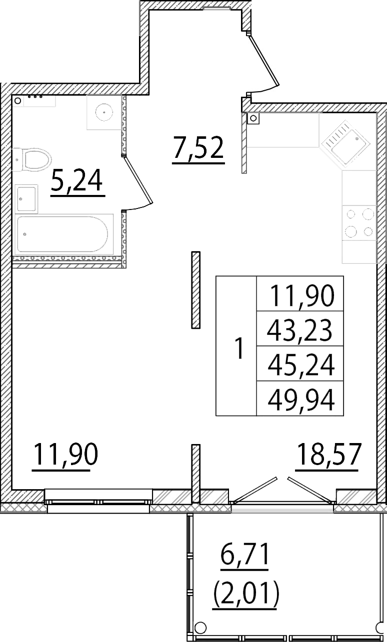 Планировка — Образцовый квартал, 1-комн., 43 м²