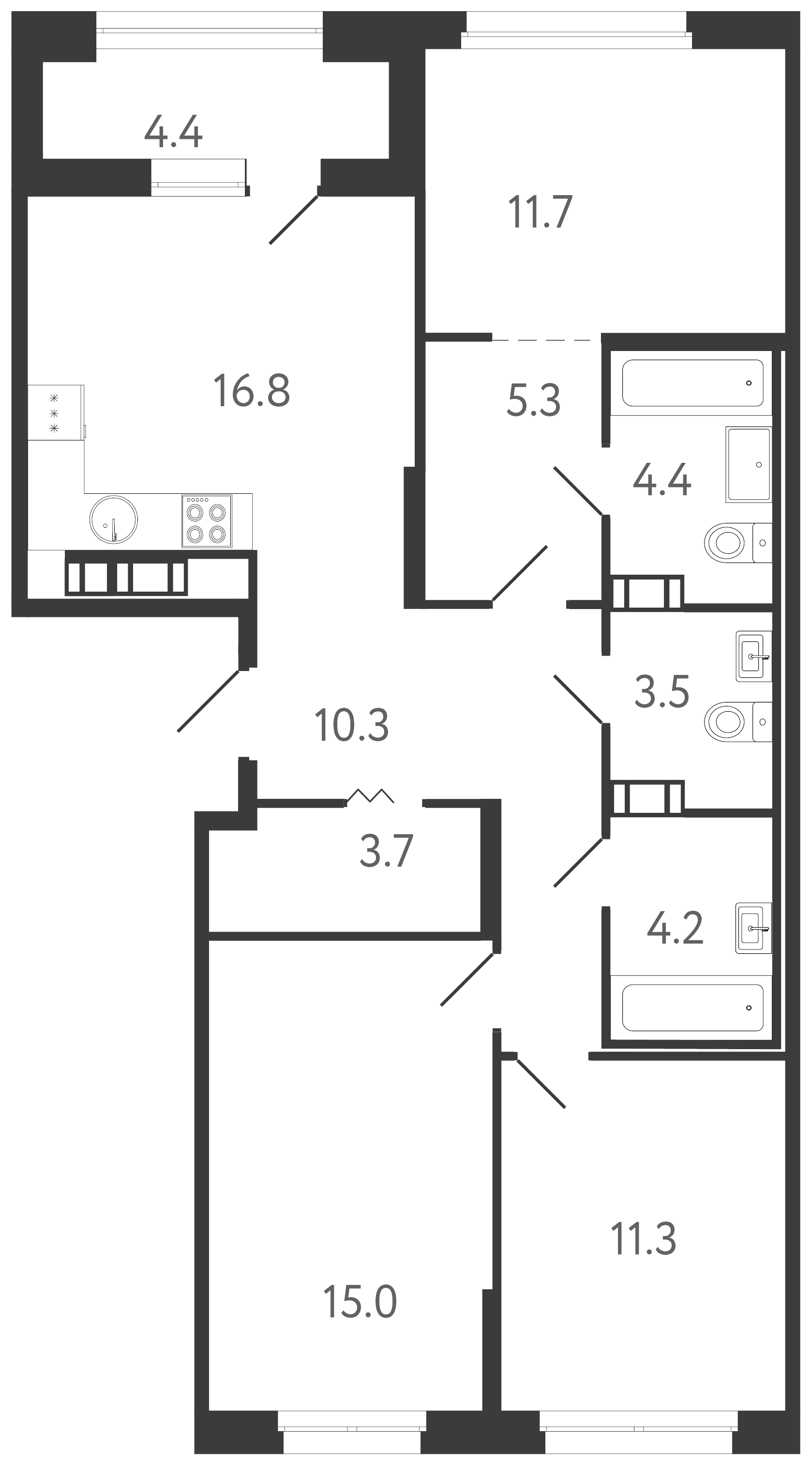 Планировка — Куинджи, 3-комн., 86 м²