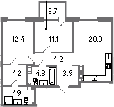 Планировка — Куинджи, 3-комн., 66 м²