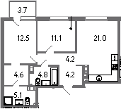 Планировка — Куинджи, 3-комн., 68 м²