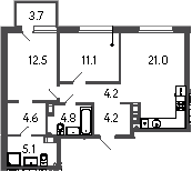 Планировка — Куинджи, 3-комн., 68 м²