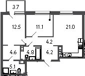 Планировка — Куинджи, 3-комн., 68 м²