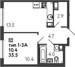 Планировка — Струны, 2-комн., 36 м²