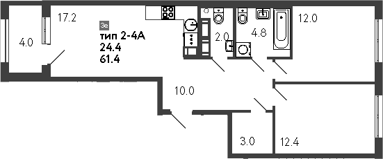 Планировка — Струны, 3-комн., 61 м²