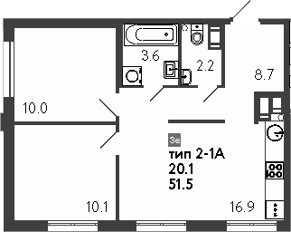 Планировка — Струны, 3-комн., 52 м²