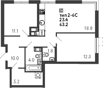 Планировка — Струны, 3-комн., 63 м²