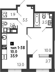 Планировка — Струны, 1-комн., 36 м²