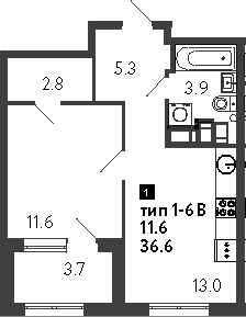 Планировка — Струны, 1-комн., 37 м²
