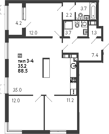 Планировка — Струны, 4-комн., 89 м²