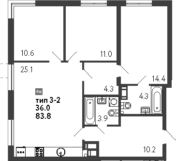 Планировка — Струны, 4-комн., 84 м²