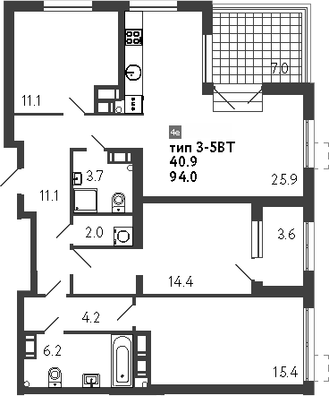 Планировка — Струны, 4-комн., 94 м²