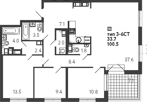 Планировка — Струны, 4-комн., 101 м²