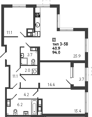 Планировка — Струны, 4-комн., 94 м²