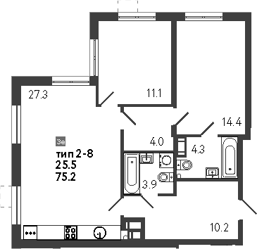 Планировка — Струны, 3-комн., 75 м²