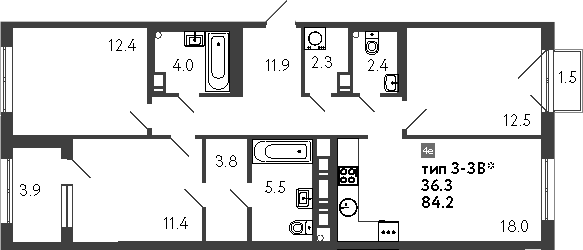 Планировка — Струны, 4-комн., 84 м²