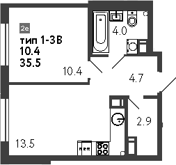 Планировка — Струны, 2-комн., 36 м²