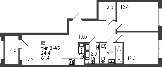 Планировка — Струны, 3-комн., 61 м²