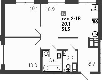 Планировка — Струны, 3-комн., 52 м²