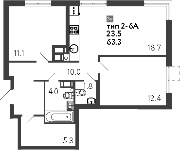 Планировка — Струны, 3-комн., 63 м²