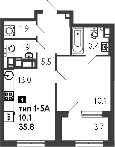Планировка — Струны, 1-комн., 36 м²