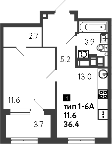 Планировка — Струны, 1-комн., 36 м²