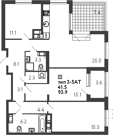 Планировка — Струны, 4-комн., 94 м²