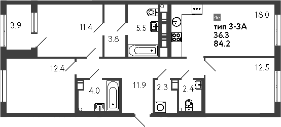 Планировка — Струны, 4-комн., 84 м²